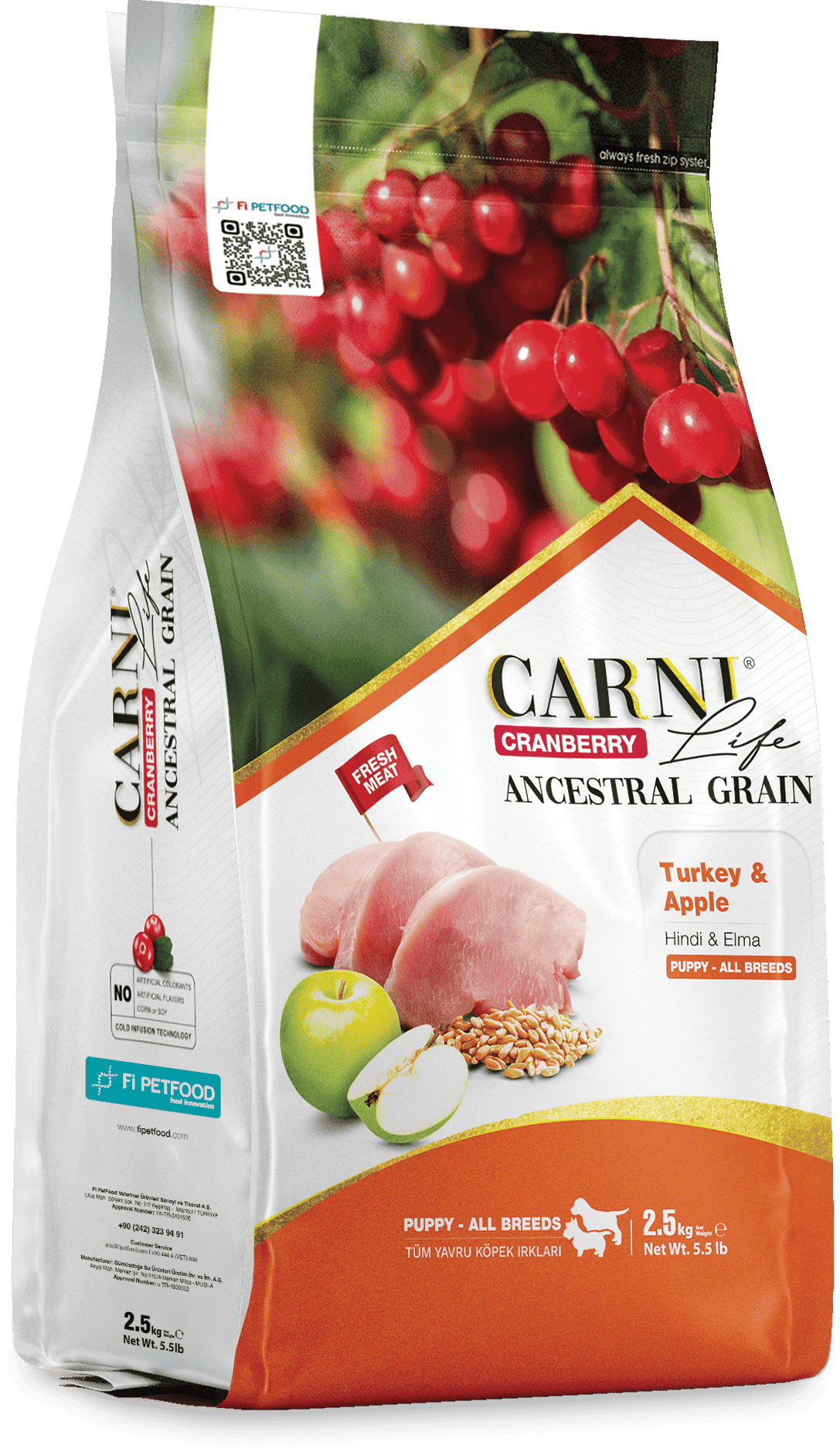 CARNI LIFE CRANBERRY ANCESTRAL GRAIN DOG TURKEY & APPLE PUPPY ALL BREEDS
