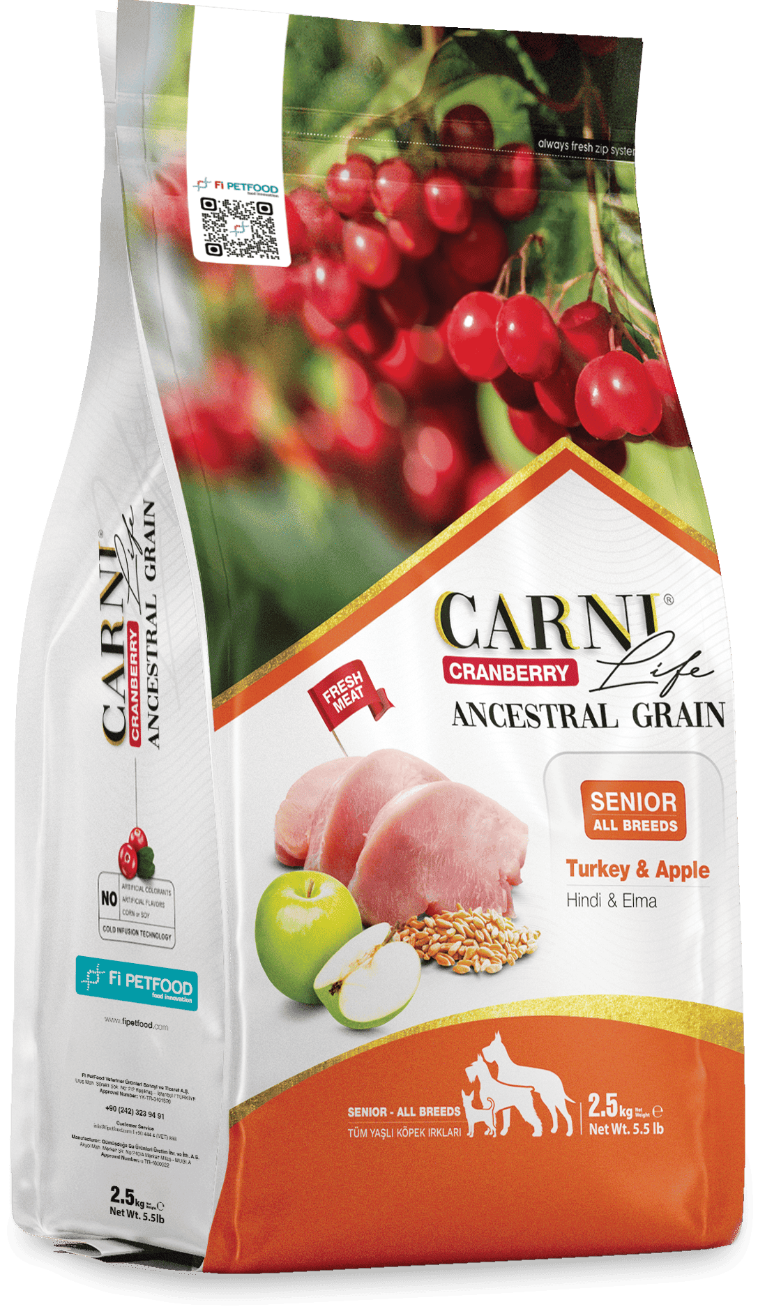CARNI LIFE CRANBERRY ANCESTRAL GRAIN DOG TURKEY & APPLE ADULT SENIOR ALL BREEDS