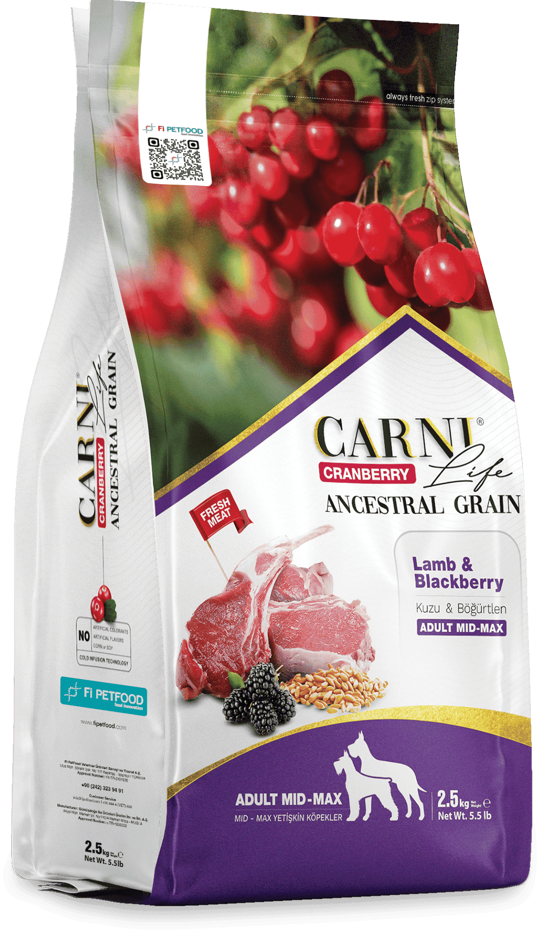 CARNI LIFE CRANBERRY ANCESTRAL GRAIN DOG LAMB & BLACKBERRY ADULT MEDIUM & MAXI
